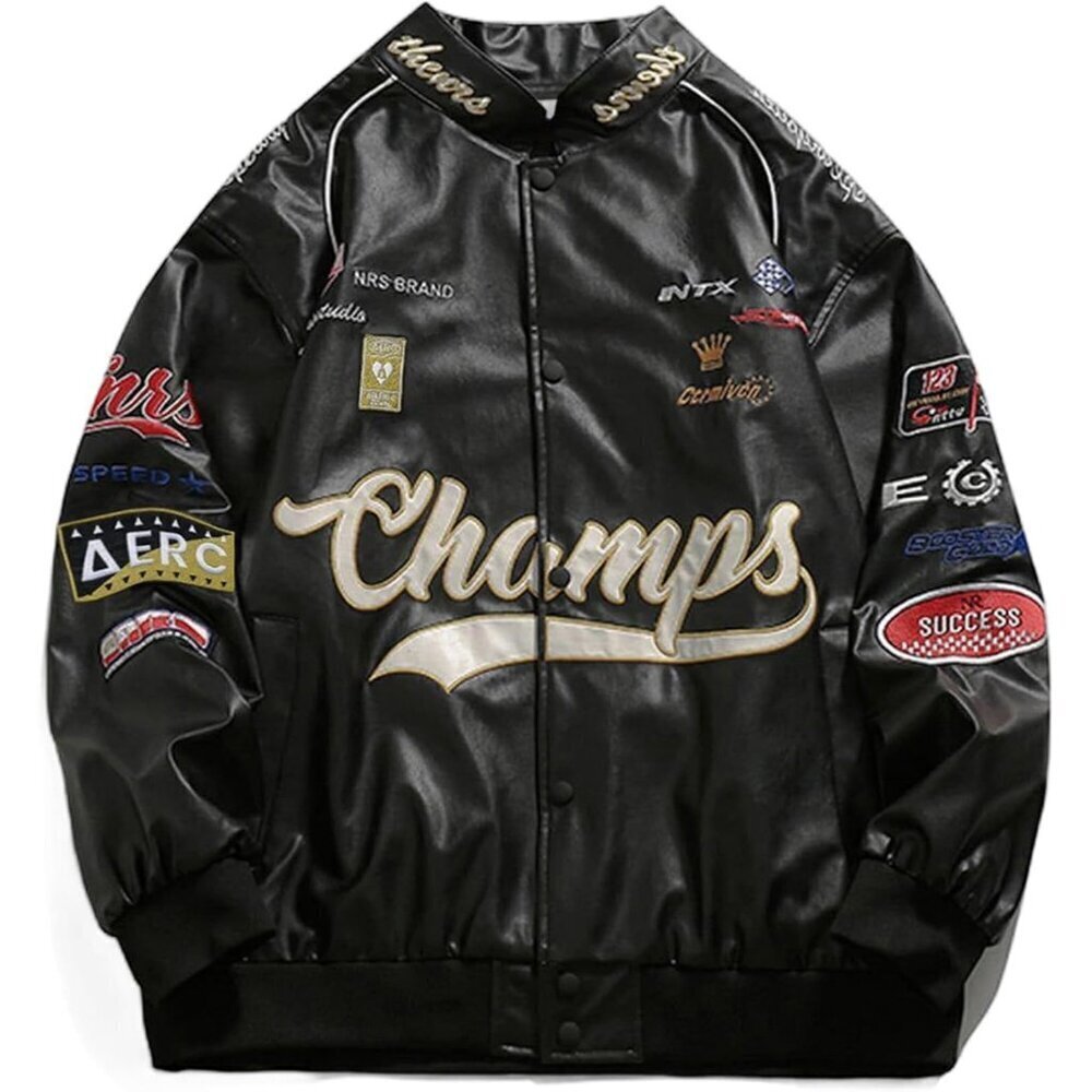 🆕Unisex Black Aelfric Faux Leather Racing Jacket Oversized Biker Streetwear